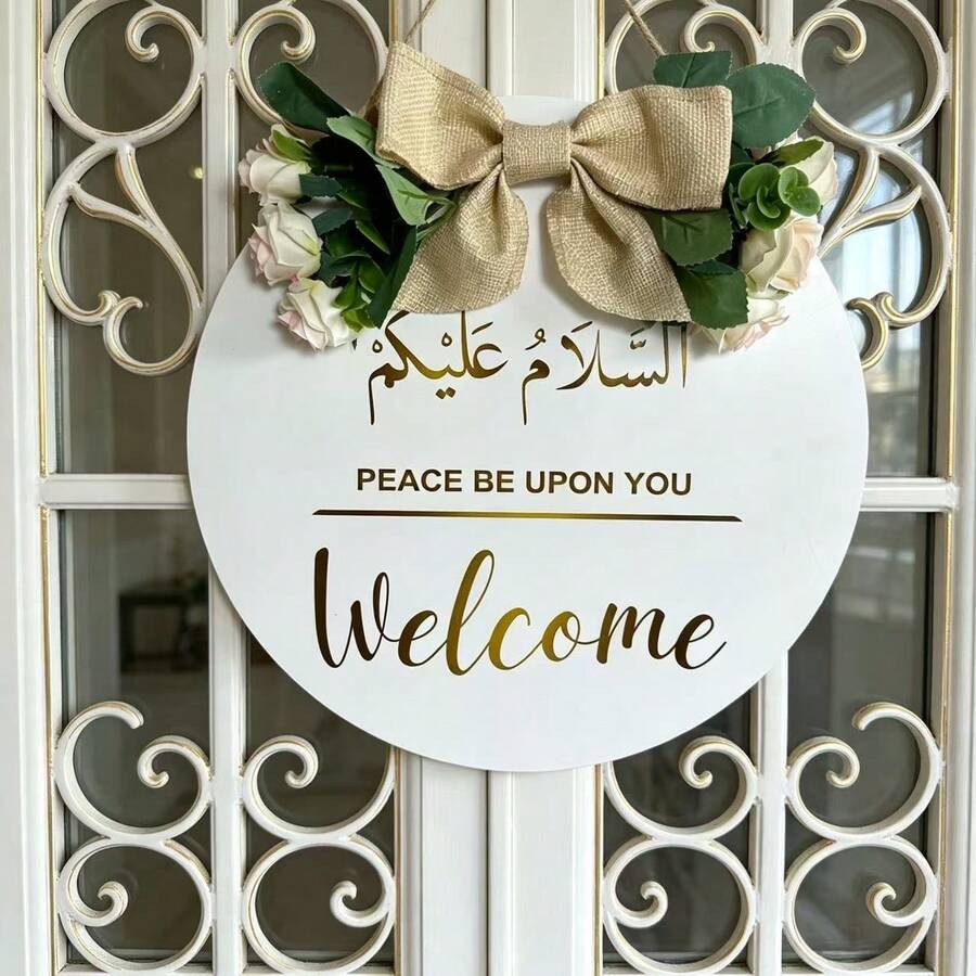 Round Wooden Welcome Hanging Sign With Artificial Floral & Burlap Bow, Spring Summer Front Door Plaque, Farmhouse Entryway Wall Decor For Home Porch Ornament - Multicolor - View 1