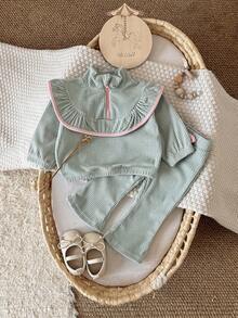 2Pcs/Set Baby Girl Soft Home Outfit, Lace Half-Zip Top And Bow Flare Pants Set - Green - View 11