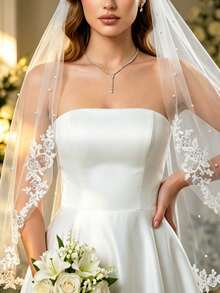 Bridal Lace Trim Pearl Short Veil, Wedding Dress Headpiece For Marriage Registration And Photography, Atmospheric Hair Accessory - Multicolor - View 3
