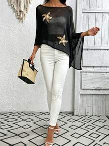 Plus Size Starfish Pattern Vacation Style Asymmetrical Design Cape Knit Top Black Summer - Black - View 9