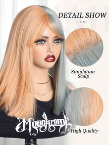 Elegant Champagne Blonde/Yellow And Blue Color Straight Bob Wig With Bangs For Women Synthetic Heat Resistant Fiber Wig Rose Net Cap,Versatile Synthetic Hair - Ideal For Daily Use, Parties, Cosplay & Events, 14 Inch Available In Three Color - Multicolor - View 7