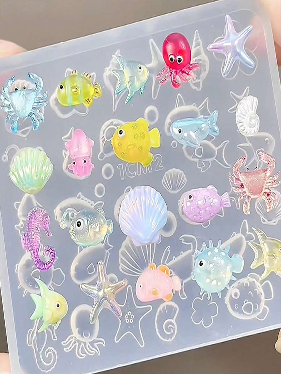 Molde de Silicone para Unhas de Verão Oceano, Moldes de Manicure em Gel 3D com Encantos Fofos de Peixe, Concha, Estrela-do-Mar, Suprimentos de Modelo Reutilizável, Molde de Modelo de Escultura DIY - Multicolorido - Visão 1