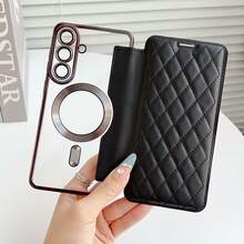 Compatible With Samsung Galaxy S26 Ultra S25 FE S24 Plus S23 + S25 Edge S22 A07 A15 A16 A17 A55 A56 A57 Fashion Luxury Rhombus PU Leather Wallet Case With Card Slots Magnetic Wireless Charging Full Body Shockproof Cover - Black - View 10