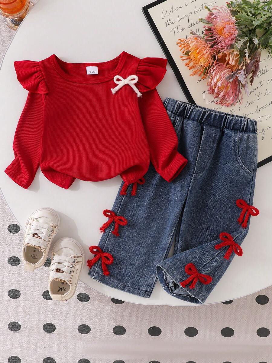 Baby Girl Spring/Autumn Vintage Red 3D Bow Cap Sleeve Top + 3D Bow Denim Wide Leg Pants 2pcs Set - Burgundy - View 1