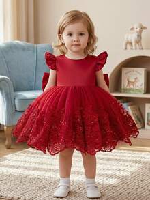Baby Girl Elegant Minimalist Burgundy Round Neck Sleeveless Backless Detachable 3D Bow Dress, Suitable For Birthday Party, Evening Gala, Performance, Wedding, Ball, Opening Ceremony And Other Occasions. Baby Girl Daily Wear, Suitable For School, Outdoor Activities, Vacation - Burgundy - View 9