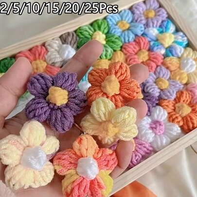 2/5/10/15/20/25Pcs Random Color Handmade Crochet Puff Flower Yarn Flower Accessories, Finished DIY Flower Accessories For Clothing, Bags, Corsages, Headwear, Home Decor And Craft Decoration