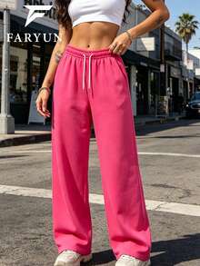 Women's Gray & Rose Red Wide Leg Casual Sports Pants, 2-Piece Set, Loose Fit Vacation Pants, Suitable For All Seasons - Multicolor - View 4