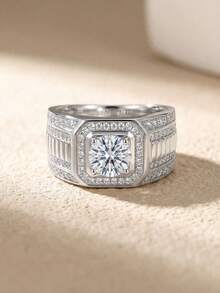 1 pieza Anillo de hombre de lujo de plata de ley 925 con moissanita de 1 quilate, regalo de aniversario, joyería de hombre, anillo de compromiso y boda, promesa eterna, joyería exquisita - Plateado - Ver 3