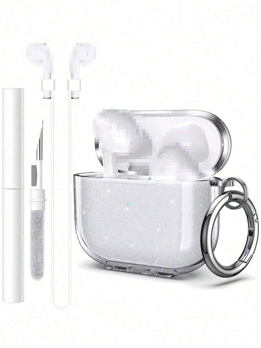 Vỏ tai nghe lấp lánh tương thích với AirPod 4 Pro, 3, 3, 2, 1, Vỏ bảo vệ tai nghe Bluetooth trong suốt, Vỏ tai nghe mềm có chân đế - Flash + bút + dây chống thất lạc - Xem 1