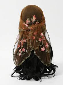 1PC 2026 Spring/Summer Women's Fashion Embroidered Floral Print Square Scarf, Light Color Minimalist Casual, Daily Versatile Headscarf, All Season Wear 70cm Bandana - Coffee - View 2