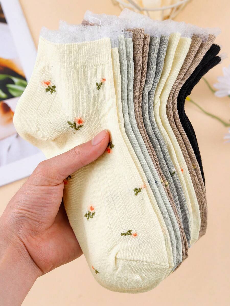 5 Pairs Women's Cute Floral & Striped Invisible Boat Socks, Suitable For Daily Casual Wear, Suitable For Spring & Summer - Multicolor - View 1