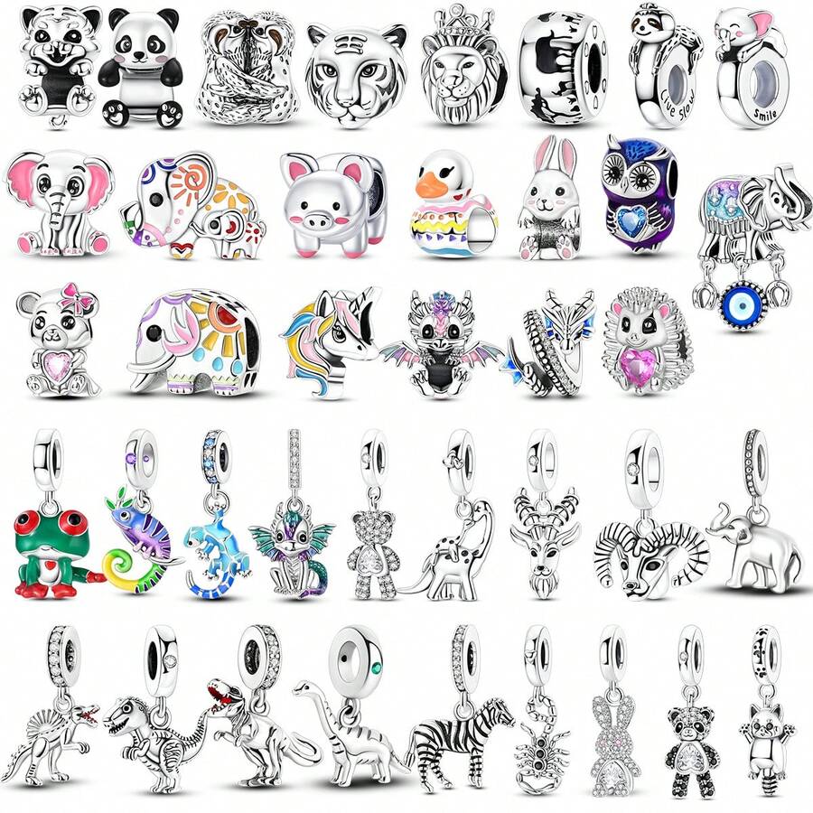 1pc Silver Plated Animal Series Forest Elephant Tiger Lion Dinosaur Zebra Sloth Rabbit Panda Pendant Beads Suitable For Bracelet Bangle Necklace Beads Suitable For DIY Jewelry Making Human And Nature Theme Beads - Silver - View 1
