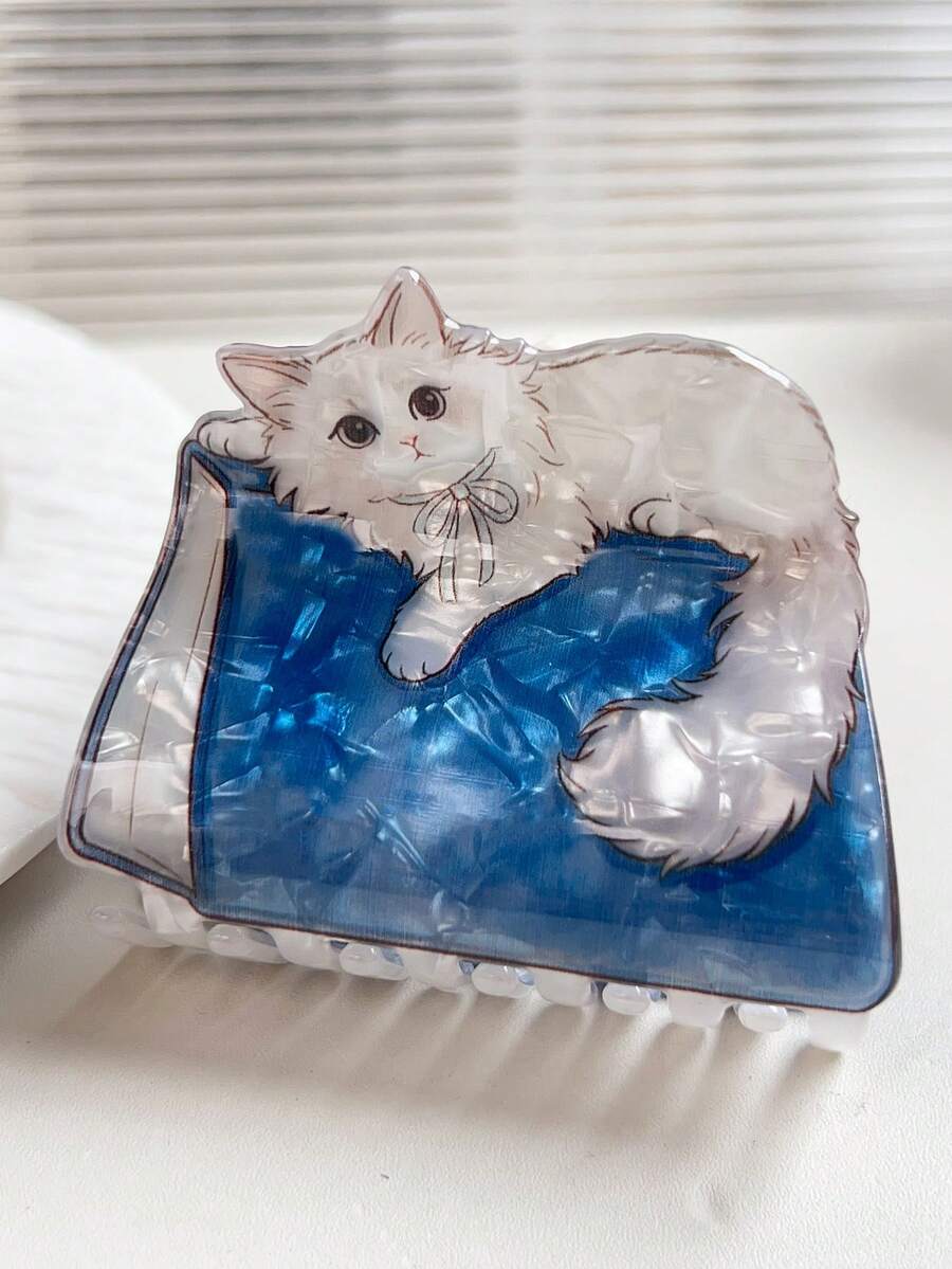 可愛白色毛茸茸貓咪書本壓克力髮夾，美學藍色貝殼紋理小貓蝴蝶結髮夾，卡通動物大號髮夾，適合女性