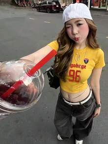 街頭風辣妹短版T恤，極簡字母印花，夏季修身百搭休閒上衣 - 黃色-1 - 查看 1
