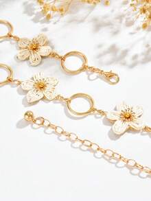 1pc Fashionable Versatile Minimalist Hollow Round Ring 3D Handmade Woven Raffia Asymmetric White Five-Petal Flower Patchwork Waist Chain Body Chain, Creative 3D Flower Round Ring Circular Patchwork Waist Chain For Women's Daily, Vacation, Party Wear - White - View 6