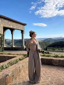 Elegant Women's 2 Pieces Set, Includes Blazer, Jacket And Wide-Leg Pants, Made Of Non-Stretch Fabric, Suitable For Autumn Wear. - Khaki - View 2