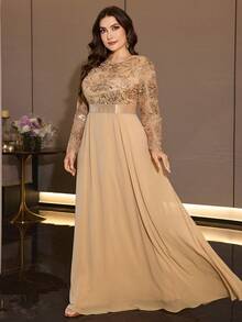 XUIBOL Elegant Plus Size Women's Round Neck Long Sleeve Sequin Fitted Bodice Formal Dress, Flared Skirt, Suitable For Evening Occasions - Champagne - View 3