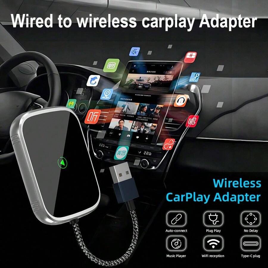 Adaptador CarPlay con cable a inalámbrico, convertidor inalámbrico Android Auto y Apple CarPlay, receptor de conexión USB para automóvil plug-and-play, compatible con vehículos con CarPlay con cable de fábrica - A - Ver 1
