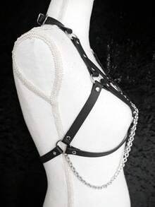 1 pieza Bustier con arnés de cadena con borlas en forma de corazón estilo punk oscuro para mujer, adecuado para fiestas rave - Negro - Ver 4