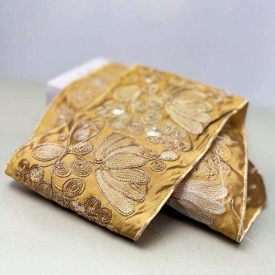 Pita Bordir Baru 1 Yard dengan Motif Bunga dan Payet, Aksen Benang Emas, Kain Berkualitas Tinggi Cocok untuk Pakaian DIY, Aksesoris, Dekorasi Rumah - Warna Campuran, Pita Jahit, Dekorasi Fashion, Aksen Berkilau - kuning - View 1