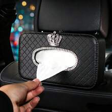 亮面水鑽皇冠造型汽車座椅頭枕掛式面紙盒，高級絎縫皮革收納盒，創意設計女性適用，可作為車內收納配件，具備口罩收納整理與面紙存放功能，黑色汽車配件 - 皇冠紙巾盒 - 查看 13