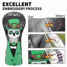 St. Patrick's Day Lucky Four-Leaf Clover & Skull Embroidered Golf Club Headcover, Good Luck Design, Unique Eye-Catching Golf Accessory Gift - Black - View 6