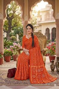 Estationeryhouse Bandhani Square Print Saree With Unstitched Blouse Piece - Orange - View 2
