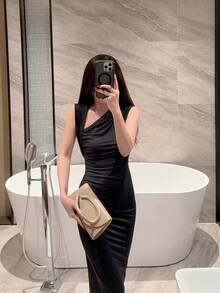 1pc European And American Fashion Metal Decor Mini Box Clutch, High-End Shiny Metal Strip Handle Women's Handbag, Elegant Luxury Evening Bag For Formal Dress, PU Leather Party Bag/Romantic Wedding Clutch/Ball Bag, Cocktail Bag, Back To School Dance Bag With Metal Chain - Apricot - View 10