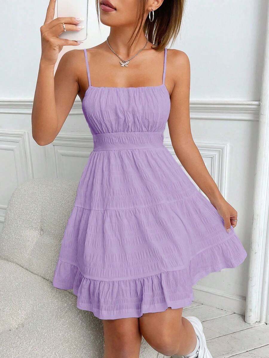 Cami-jurk met ruches, gerimpelde rug en ruchesrand - Violet - Bekijken 1