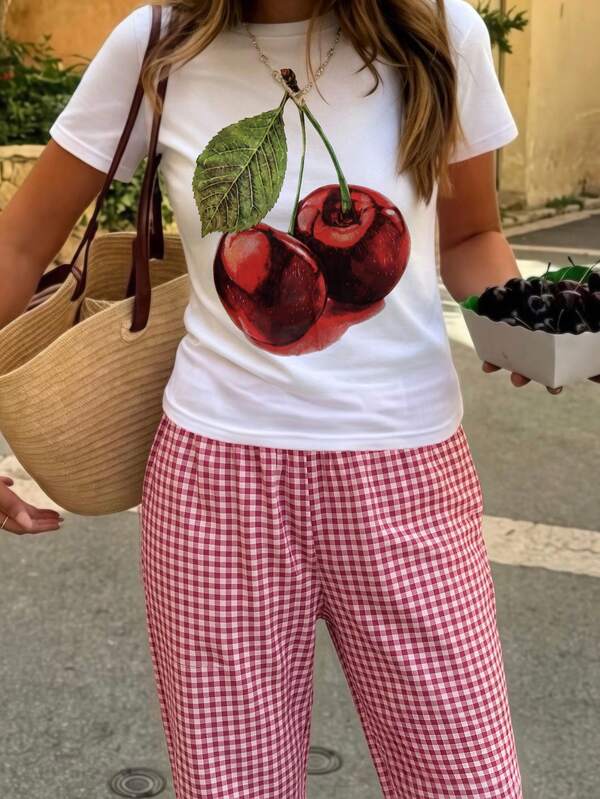 2pcs Women Printed Short Sleeve Top + Elastic Waist Pants Pajama Set