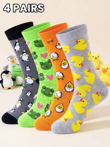 1/4 Pairs Unisex Fashionable Cute Animal Series Mid-Calf Socks With Frog, Duck, Penguin, Chicken Pattern Designs, Soft And Comfortable, Great Gift Choice, Couple Socks - Multicolor - View 6