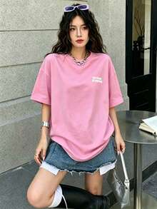 T-shirt femme côtelé, color-block, 100 % coton, avec imprimé lettrage dégradé ; coupe décontractée et sportive - Rose vif - Voir 4