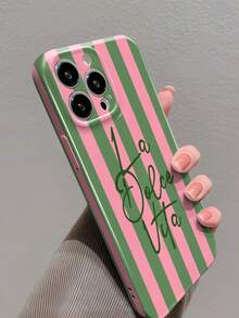 1 pieza Funda rígida de cobertura completa para teléfono con película brillante perforada, patrón de rayas de dos colores y eslogan en inglés, estilo minimalista, apta para iPhone 11/12/13/14/15/16 Pro Max - Multicolor - Ver 2