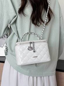 BEIKAMU 1pc Niche Design Rhombus Pattern Handheld Box Bag, New Season Lipstick Coin Purse, Elegant Chain Shoulder Crossbody Bag - White - View 7