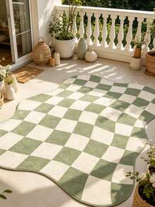 1pc Soft Green Checkerboard Asymmetrical Shaped Artistic Area Rug, Personalized Aesthetic Style Decor Mat, Ins Vibe Living Room Aesthetic Carpet, Modern Minimalist Soft Furnishing Accent, Asymmetrical Shaped Design, Small Rug, Doormat, Home Decor, Washable Carpet - Multicolor - View 3