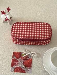 1pc/Set Vintage Red Plaid Mini Makeup Bag, Multi-Compartment Portable Cosmetic Storage Bag, Handheld Lipstick Organizer, Suitable For Travel And Daily Use - Red - View 11