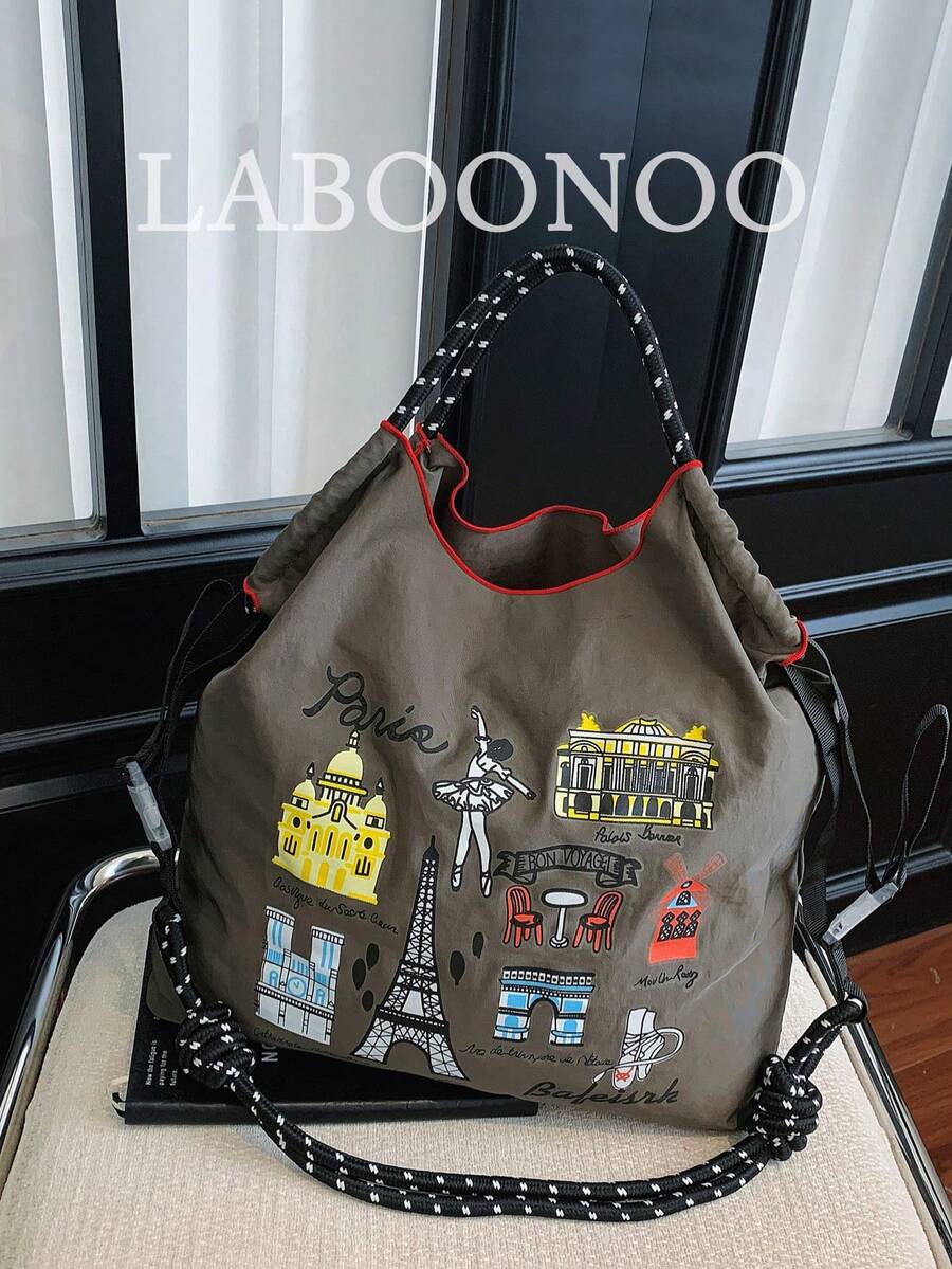 女款手提布製托特包,大容量防水絲綢布料刺繡托特包,附個性化圖案,便攜式單肩托特包 - 灰色 - 查看 1