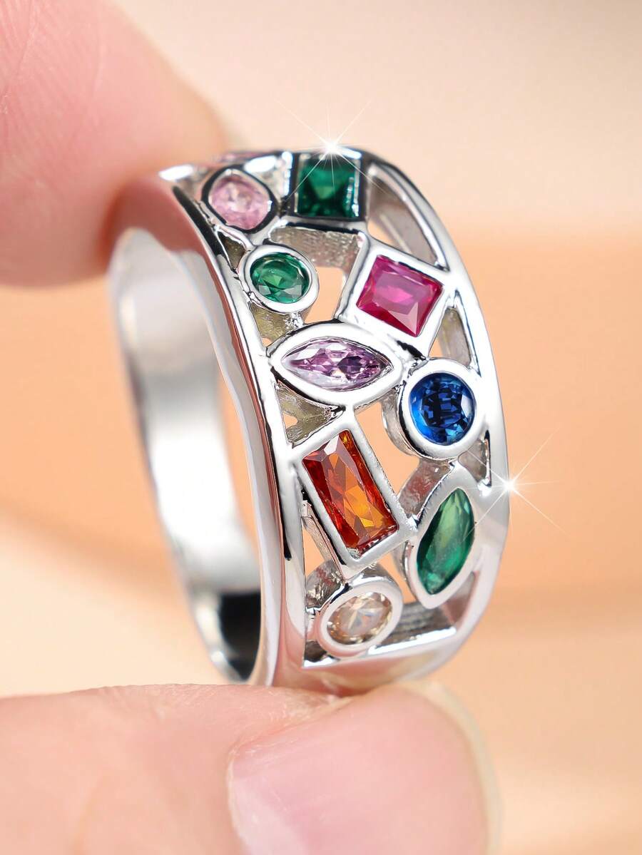 1 Elegant, Fashionable, And Colorful Women's Ring With Geometric Zirconia And Openwork Checkered Design-A Unique Accessory For Vacation And Parties - Color - View 1