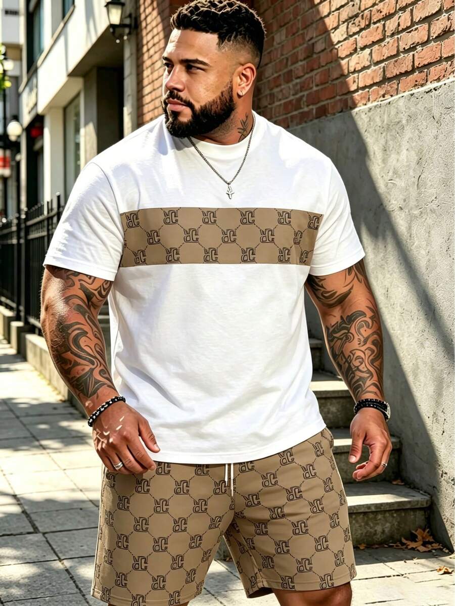 2pcs/Set Plus Size BIG&TALL American Street Style Set | White T-Shirt Patchwork Vintage Floral Print + Matching Floral All-Over Print Shorts Summer - Champagne - View 1