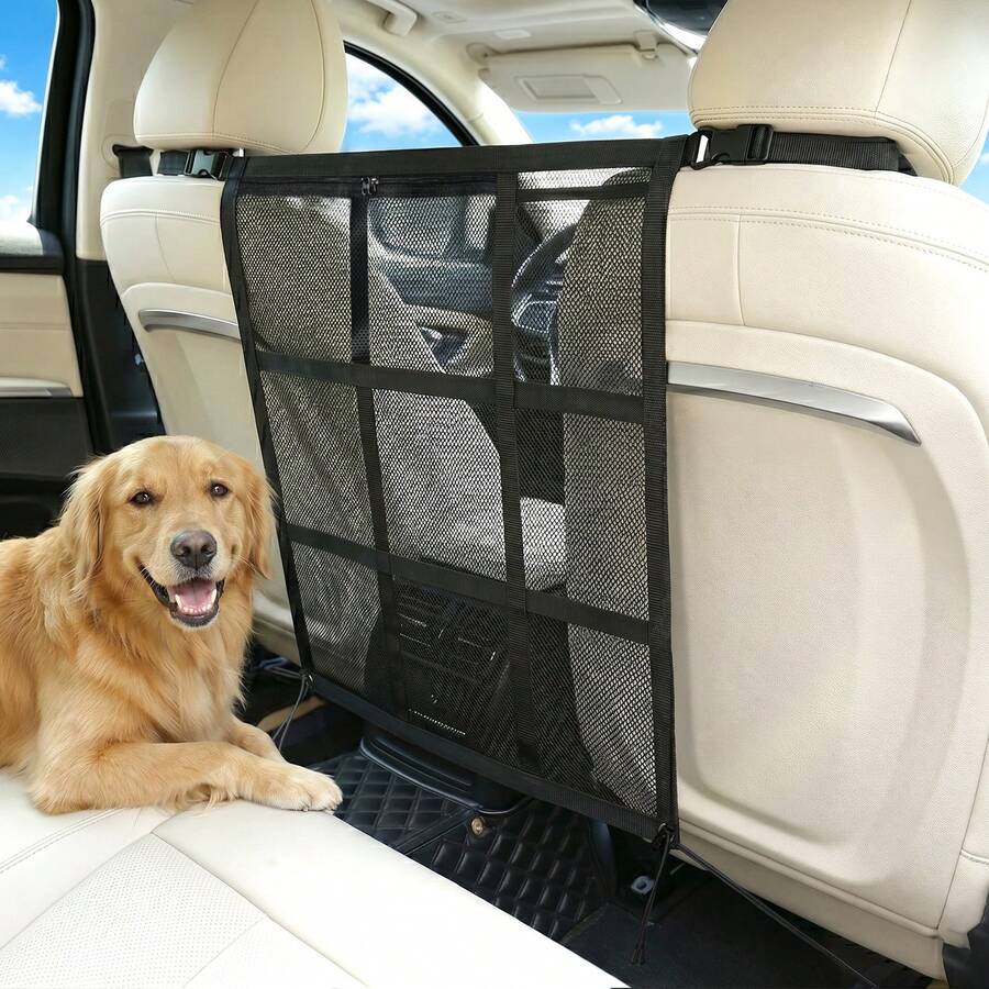 Dog Car Net Barrier, 27.2" X 22.4" Extra Large Pet Divider For SUV & Car, Sturdy 9-Grid Mesh Organizer With Zippered & Open Pockets, Secure Vehicle Barrier For Pets