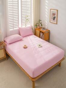 1pc Solid Color 100% Pure Cotton Light Pink Fitted Sheet, Mattress Cover, Soft And Breathable. Suitable For Twin, Full, Queen And King Size Beds. Deep Pocket Up To 11.8 Inches. Perfect For Home And Dorm Bedding. - Baby Pink - View 5