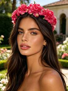 1Pc Bohemian Style Artificial Flower Crown, French Romantic Large Flower Headpiece, Suitable For Wedding/Vacation/Photoshoot - Multicolor - View 1