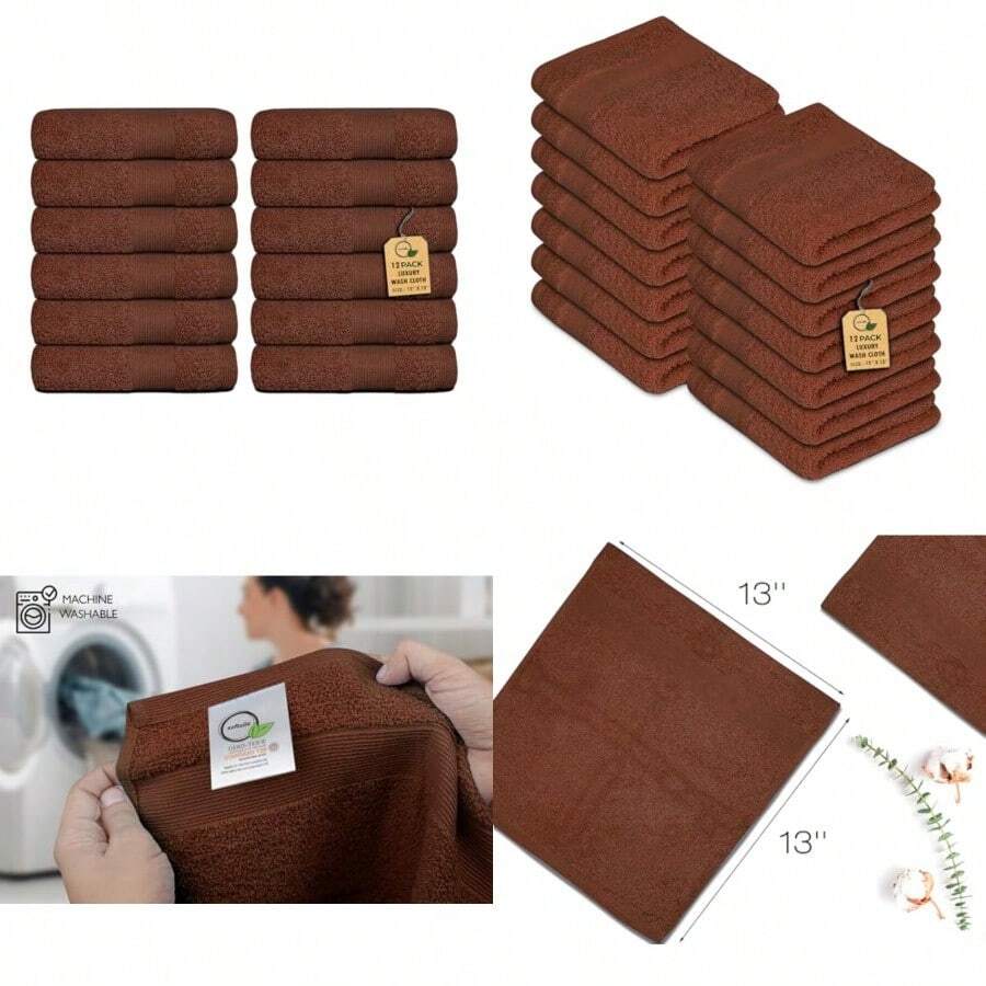 Premium Wash Cloths Pack Of 12 13" X 13" 100% Ring Spun Cotton Luxury Washcloths Ultra Soft Face Towels Highly Absorbent Wash Cloths For Face - Dark Brown - View 1