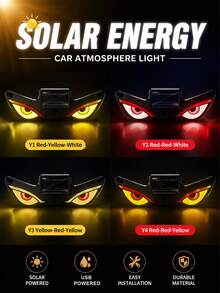太陽能邪眼LED車窗燈，2026新款動態車眼LED，附震動與光感應器，惡魔眼擋風玻璃氛圍燈，USB-C充電，5種模式，吸盤安裝，300mAh電池 - Solar+USB - 查看 2