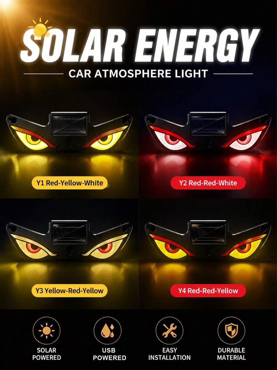 太陽能邪眼LED車窗燈，2026新款動態車眼LED，附震動與光感應器，惡魔眼擋風玻璃氛圍燈，USB-C充電，5種模式，吸盤安裝，300mAh電池
