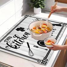1pc Black Gray Vintage Wood Grain Style Kitchen Theme Tableware Drying Mat, Coffee Bar Mat, Stove Mat, Draining Mat, Coffee Machine Soft Bottom Diatomaceous Earth Drying Mat - Multicolor - View 3