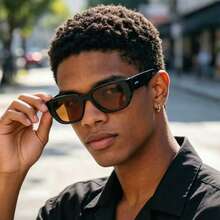 1 paire de lunettes de mode de vacances style de rue personnalisées avec monture ovale noire en PC, rivets et jambes larges vintage pour hommes - Brun - Voir 4