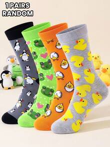 1/4 Pairs Unisex Fashionable Cute Animal Series Mid-Calf Socks With Frog, Duck, Penguin, Chicken Pattern Designs, Soft And Comfortable, Great Gift Choice, Couple Socks - Multicolor - View 8