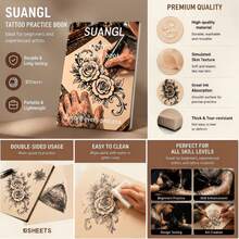 SUANGL 紋身練習本 10頁紋身練習皮，逼真紋身皮，適合初學者與專業紋身師，可用於線條與陰影練習、線條藝術、雕刻、花卉圖案 - 查看 3