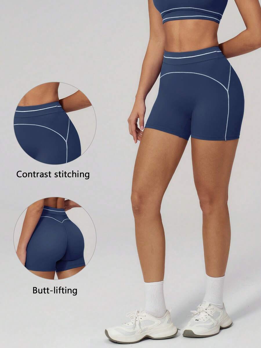 TimeOff Women's 1pc Colorblock White Stripe High Waist Tummy Control Sports Shorts - Navy Blue - View 1